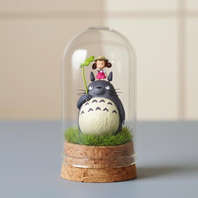 Puede incluir: Una c&uacute;pula de cristal decorativa con una figura de Totoro y una ni&ntilde;a peque&ntilde;a sosteniendo una hoja. Las figuras est&aacute;n sobre un lecho de c&eacute;sped artificial verde, sobre una base de corcho. La c&uacute;pula es transparente y las figuras est&aacute;n detalladas.