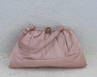 Vtg Blush Mid Century Pink Satin Evening Bag Ruched Top Handle + Mirror Comb Set