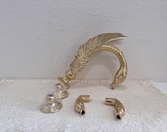 Grifo de baño estilo cascada estilo Hollywood Regency Swan de latón macizo, vintage, juego de 3