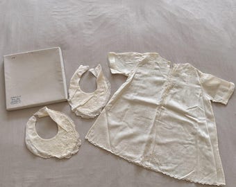 Antique 1936 Baby Dress Bib Set In Original Box Jobouls Linen Shop Embroidered