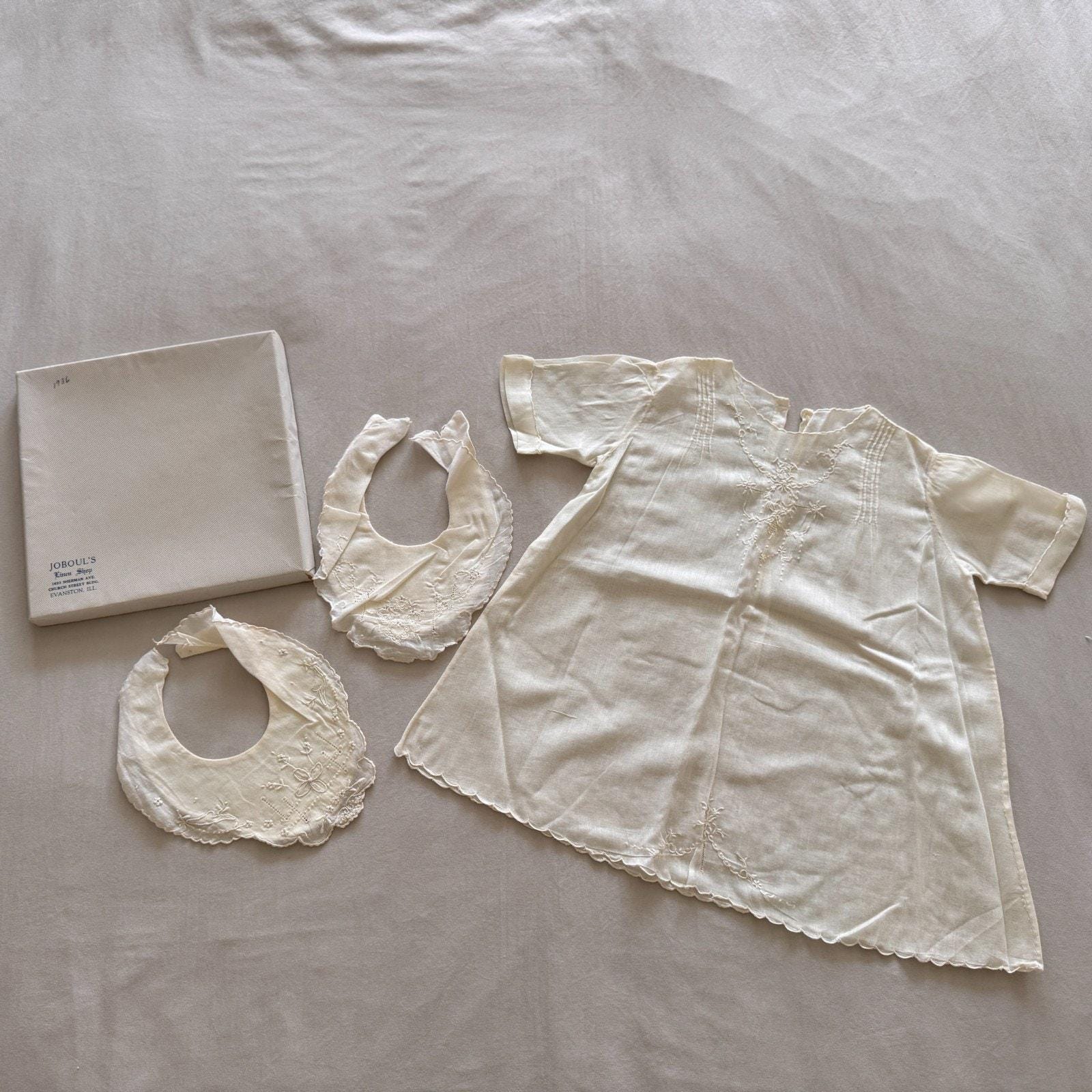 Antique 1936 Baby Dress Bib Set In Original Box Jobouls Linen Shop Embroidered