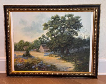 Original Oil Painting on Canvas – Framed Rustic Countryside Landscape with Sign