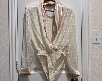 Cache Bodysuit Women 12 Sheer Check Plunge Satin Collar Long Sleeve Blouse