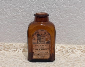Antique Amber Glass Lorillard Maccoboy Snuff Bottle Cork Stopper Label