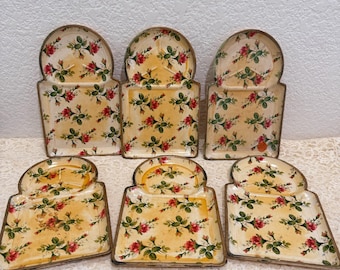 Vintage Highmount Quality Floral Papier Mache Bridge Ashtray Trays Set of 6