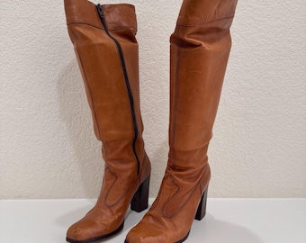 Vtg Style Vero Cuoio Italian Leather Knee High Boots 8.5 Brown Square Toe Zip