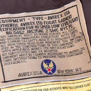 Chaqueta de aviador vintage AVIREX A-2 de cuero, fabricada en EE. UU., color marrón desgastado, talla M para hombre. imagen 11