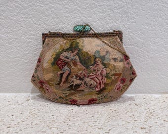Exquisite 1930s Art Deco Tapestry Evening Bag with Enamel Frame & Carved Clasp