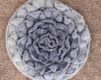 Handmade 3D Blue Rose Crochet Pillow Cover 16in Round Ombre Floral Sham