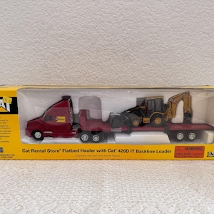1/50 CAT uthyrningslastbil med plattbädd och 420D IT-grävlastare, Norscot diecast
