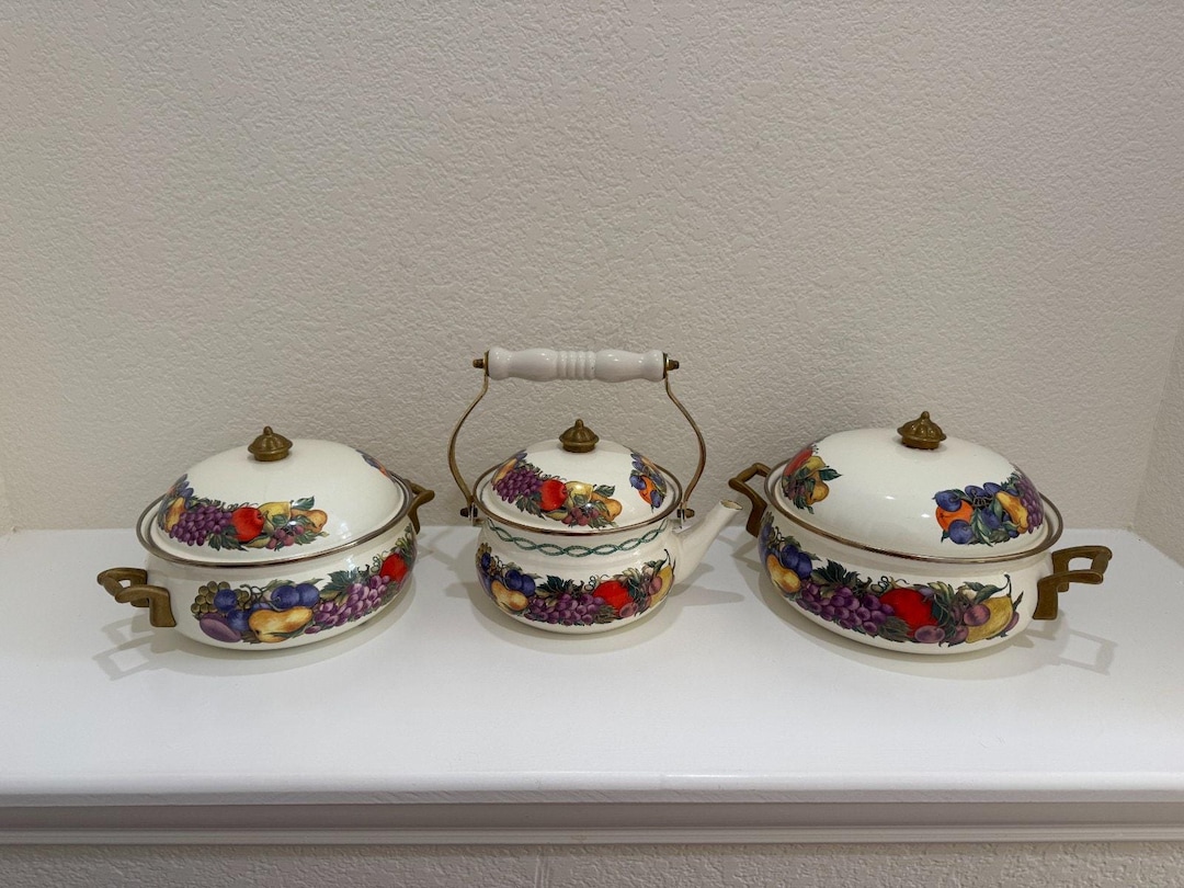 Vtg CORNUCOPIA Enamel Fruit Pattern Cookware Set, Casserole Pots ...