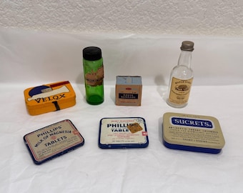 Lote publicitario de boticario antiguo: latas de Phillips' Sucrets, kit de reparación Velox, botella TX