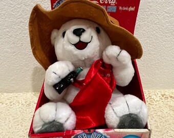 Peluche vintage di orsi polari Coca-Cola Trendmasters del 1998, nuovo, mai usato, con luci e suoni funzionanti.