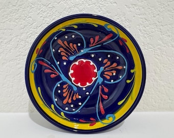 Hand‑Painted Spanish Ceramic Plate – Cobalt & Yellow Folk Art 6.5''