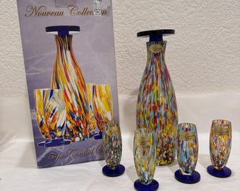 Jugendstil Handgefertigte Konfetti Karaffe 4 Cordial Gläser Set Boxed 40 Unze 3 Unze