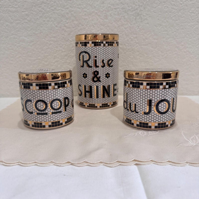 Anthropologie French Bistro Tile Canister Set Rise & Shine Du Jour Scoop 3pc image 1