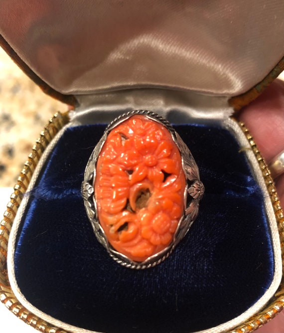 Large antique carved coral Chinese silver ring