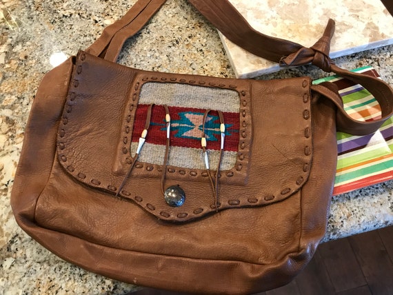 Vintage hand made leather and chimayo or aztec fa… - image 2