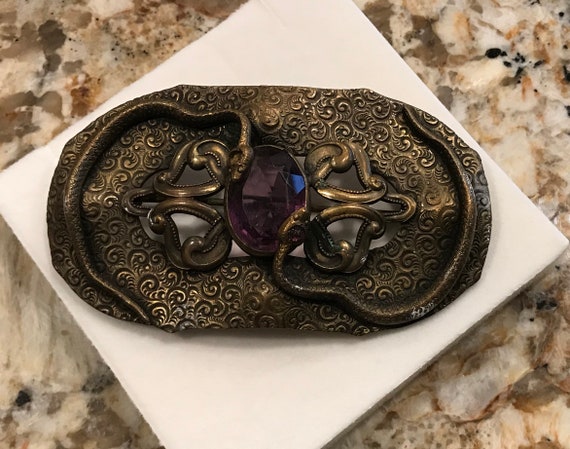 Art deco czech snake sash pin brooch with amethyst