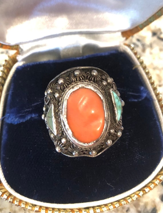 Antique coral and turquoise old chinese ring