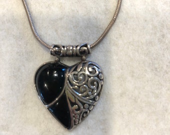 Sterling silver and black filigree open work heart pendant and necklace