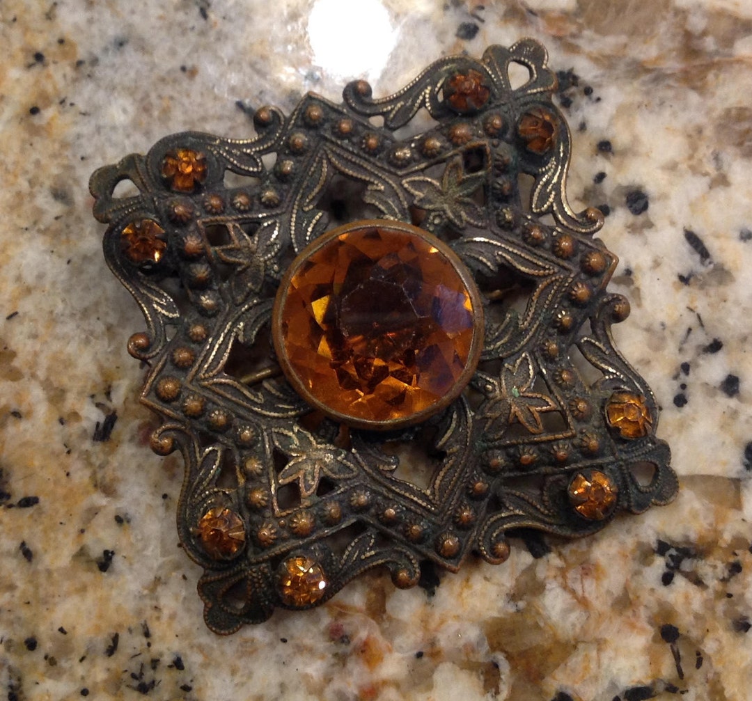 Large Antique Czech Crystal and Brass Brooch - Etsy