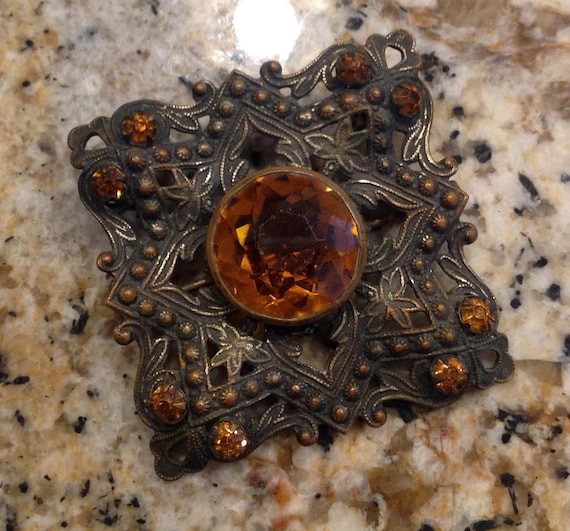 Broche Vintage Or Relief Cristal Diamant Cabochon Noir - Modèle 483 - Occasion