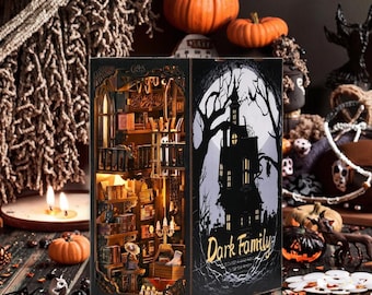 Dark Family Book Nook DIY Kit: 3D Wooden Puzzle Bookshelf Insert, Gothic Haunted House Diorama