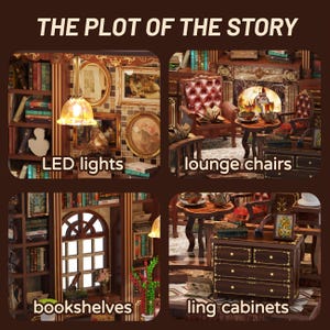 May include: A miniature diorama scene with the text "THE PLOT OF THE STORY". The scene includes LED lights, lounge chairs, bookshelves, and ling cabinets. The miniature room is decorated with framed pictures, books, and small tables.