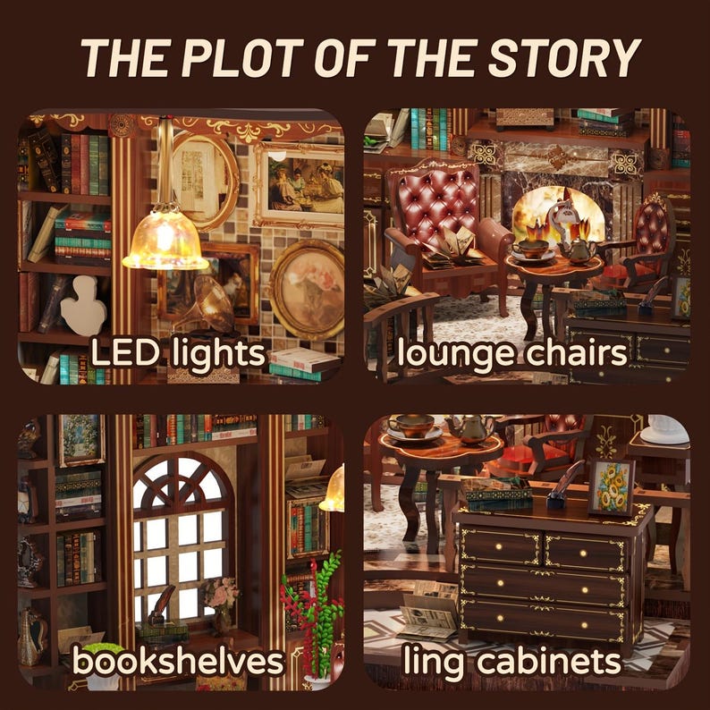 May include: A miniature diorama scene with the text "THE PLOT OF THE STORY". The scene includes LED lights, lounge chairs, bookshelves, and ling cabinets. The miniature room is decorated with framed pictures, books, and small tables.