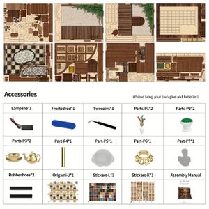 May include: A wooden miniature dollhouse kit with various unassembled parts, including walls, floors, and furniture. Accessories include a lamp, tweezers, and stickers. The kit requires glue and batteries.