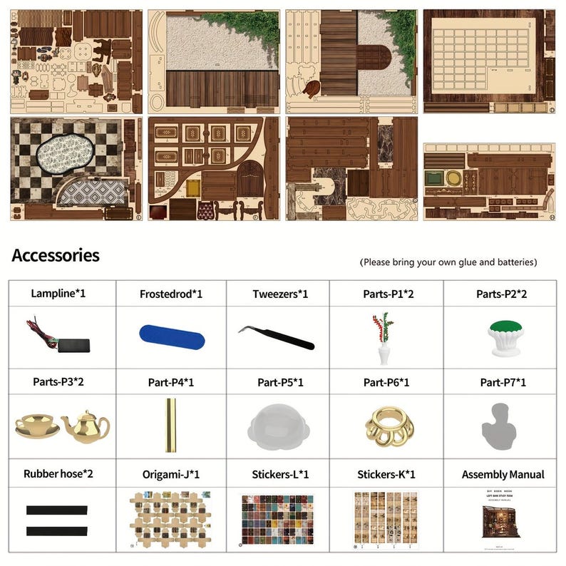May include: A wooden miniature dollhouse kit with various unassembled parts, including walls, floors, and furniture. Accessories include a lamp, tweezers, and stickers. The kit requires glue and batteries.