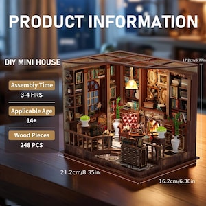 May include: A miniature wooden DIY mini house model of a library, with dimensions of 8.35 x 6.38 x 6.77 inches. The model features bookshelves, a fireplace, and furniture. Assembly time is 3-4 hours, with 248 wood pieces. Suitable for ages 14+.