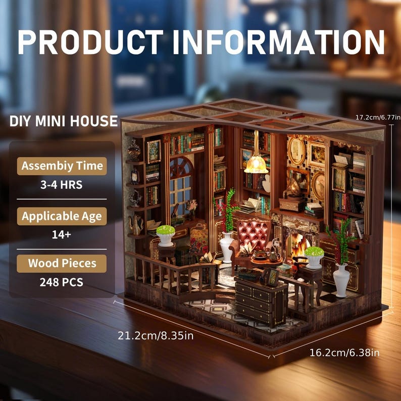 May include: A miniature wooden DIY mini house model of a library, with dimensions of 8.35 x 6.38 x 6.77 inches. The model features bookshelves, a fireplace, and furniture. Assembly time is 3-4 hours, with 248 wood pieces. Suitable for ages 14+.