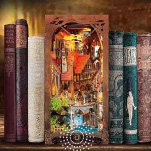 Ancient Library Book Nook Kit, DIY Miniature Fantasy Valley Bookend, Wooden Bookshelf Insert Kit