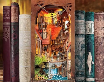 Ancient Library Book Nook Kit, DIY Miniature Fantasy Valley Bookend, Wooden Bookshelf Insert Kit