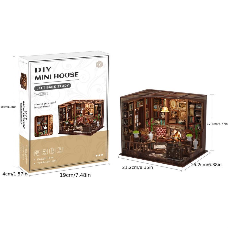 May include: A DIY Mini House kit labeled "Left Bank Study." The box shows a miniature room with furniture, books, and a fireplace. The assembled model is 21.2cm long, 16.2cm wide, and 17.2cm tall.