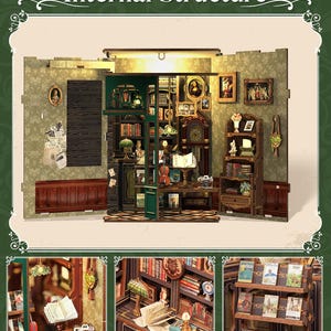 K&ouml;nnte beinhalten: Ein detailliertes Miniatur-Bibliotheksdiorama mit dem Text "Internal Structure". Die Szene zeigt B&uuml;cherregale, einen Schreibtisch mit Lampe, gerahmte Kunstwerke und eine Uhr. Die Farbpalette umfasst Braun-, Gr&uuml;n- und Goldt&ouml;ne.