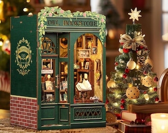 DIY Owl Bookstore Book Nook Kit: 3D Wooden Puzzle with LED Lights