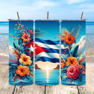 Vaso delgado de 20 oz PNG, envoltura de vaso con bandera cubana, envoltura de vaso caribeño, vaso cubano tropical PNG, herencia cubana PNG, envoltura de vaso cubano