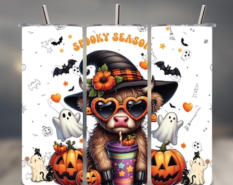 Cute Halloween Highland Cow Tumbler Wrap PNG, 20oz Skinny Sublimation Design, Spooky Ghost Pumpkin Digital Download