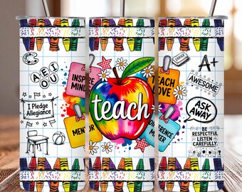 Teacher Appreciation Gift Tumbler Wrap PNG,20oz Skinny Sublimation,Crayon Rainbow Teacher Design, Teacher gift, Digital download