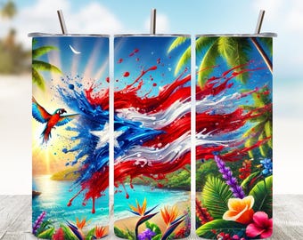 Puerto Rico Flag Tumbler Wrap: Tropical Island Design (PNG Digital Download)