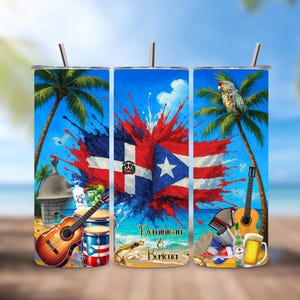Bicchiere sottile da 20 once PNG/Bicchiere con bandiera dominicana e portoricana/Tazza Caribbean Pride/Tazza digitale Dominicana e Portoricana Heritage/Dr e PR