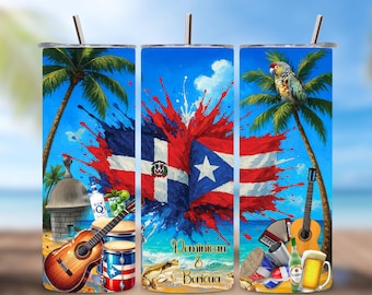 20oz Skinny Tumbler PNG|Dominican & Puerto Rican Flag Tumbler|Caribbean Pride Cup| Digital Dominican and Puerto Rican Heritage cup|Dr and PR