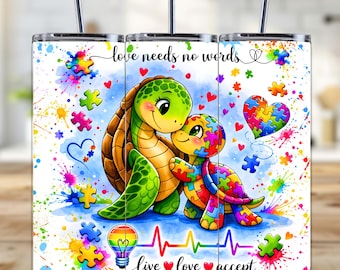Autism Tumbler Wrap,20oz Skinny Tumbler Sublimation PNG, Love Needs No Words Turtle ,Puzzle Piece Digital Download,Digital Download