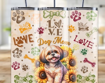 Shih Tzu Dog Mom Tumbler Wrap PNG,20oz Skinny Sublimation,Cute Puppy Sunflower Wrap,Dog Lover Gift, Floral Paw Print Design,Digital Download