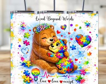 Autism Tumbler Wrap PNG, 20oz Skinny Sublimation, Puzzle  Bear Hug Sublimation design, autism acceptance,Digital Download