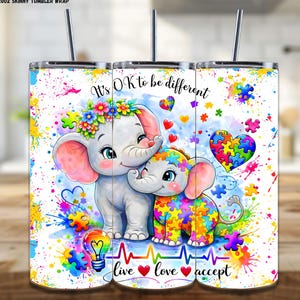 Papier do pakowania na kubek z motywem autyzmu PNG, Cienki papier do pakowania na kubek Elephant Autism Mom o pojemności 20 uncji, Bycie innym jest OK, Wzór puzzli z nadrukiem sublimacyjnym