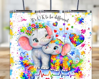 Autism Awareness Tumbler Wrap PNG,Elephant Autism Mom 20oz Skinny Tumbler Wrap,It's OK to be Different,Puzzle Piece Sublimation Design